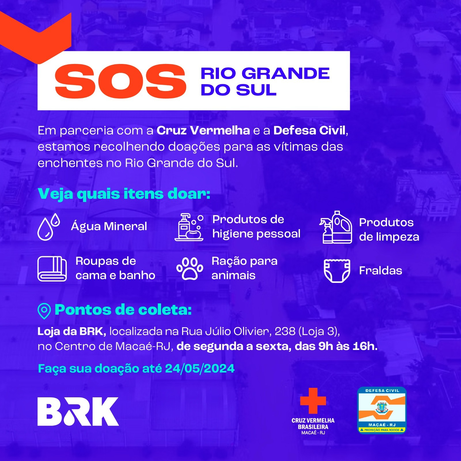 Campanha da BRK coleta água mineral, roupas de cama e banho, produtos de limpeza e higiene pessoal, fraldas e ração para pets